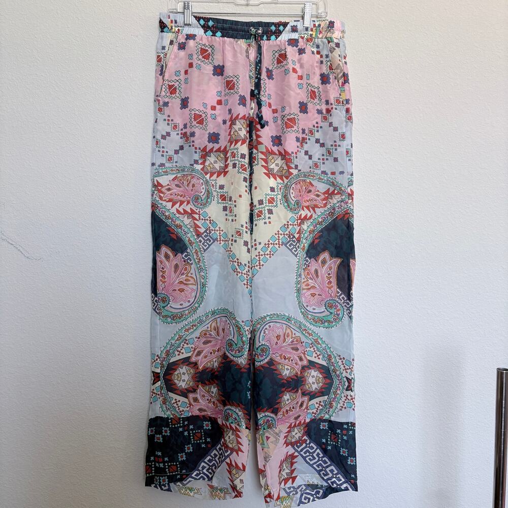 Johnny Was Patchwork Paisley Cupra Rayon Wide Leg Drawstring Pants L Boho